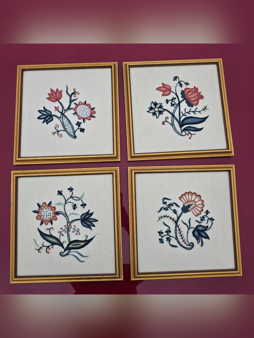 Set of 4 Floral Embroidered Wall Art Panels - Coral & Navy Jacobean Style MCM